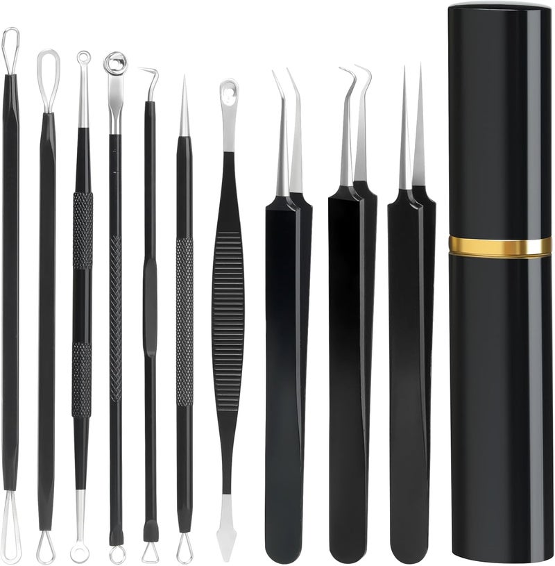Baxrou Pimple Popper Tool Kit,10 Pcs Professional Blackhead Remover Comedones Extractor for Easy Removal for Pimples,Blackheads,Zit Removing, Facial and Nose, Acne Removal Kit with Metal Box (Black) - Image 1